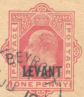 Levant (UK) Edward 7 1d card local opt